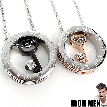 【Iron Men】永恆珍愛˙晶鑽鎖鑰珠寶白鋼對鍊(銀黑/玫瑰金)