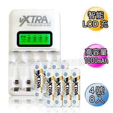 VXTRA飛創 LCD 2.4A急速充電器+VXTRA 4號1000mAh充電電池(8顆入)