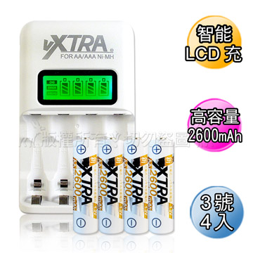 VXTRA飛創 LCD急速充電器+VXTRA 3號2600mAh充電電池(4顆入)