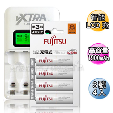 VXTRA飛創 LCD 2.4A急速充電器+Fujitsu低自放電3號1900mAh充電電池 (4顆入)