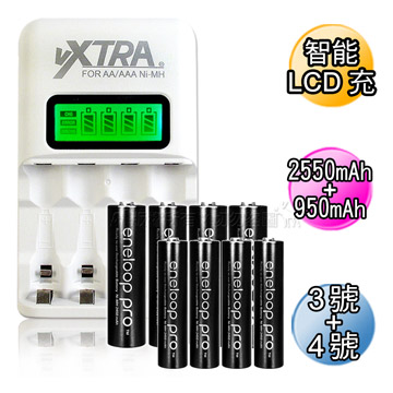 VXTRA飛創 LCD 2.4A急速充電器+ 國際牌 eneloop PRO黑鑽充電電池(3號2550mAh+4號950mAh 各4顆)