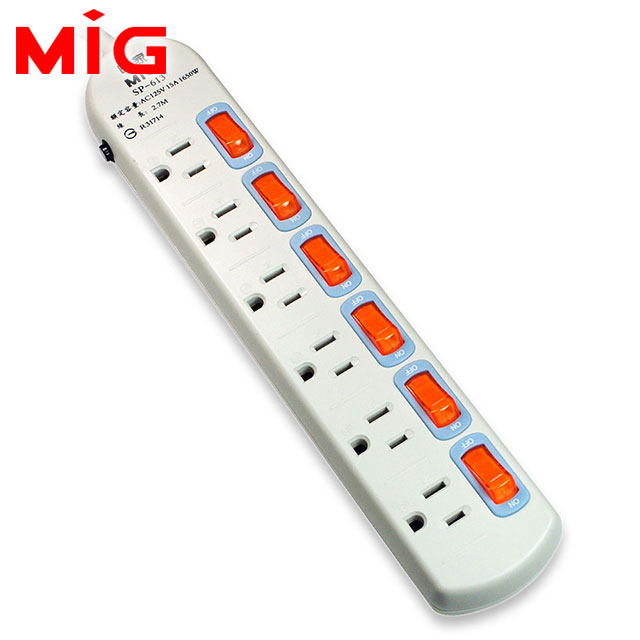 MIG明家 3孔6開6插15A安全延長線(L型插頭)-1.8米(SP-613-6)