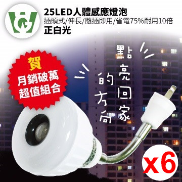 25LED晶片式綠能抗漲甜甜圈型感應燈泡(伸長/插頭型)(正白光)6入