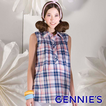 Gennie’s奇妮 襯衫式格紋春夏孕婦背心上衣-綠(G3147)
