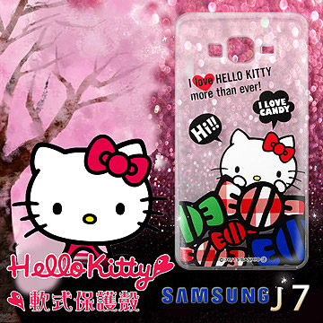 三麗鷗授權正版 Hello Kitty 凱蒂貓 三星Samsung Galaxy J7 透明軟式手機殼(糖果HI)