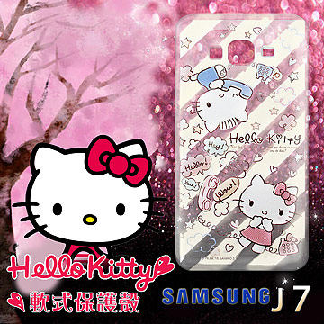 三麗鷗授權正版 Hello Kitty 凱蒂貓 三星Samsung Galaxy J7 透明軟式手機殼(熱線Kitty)