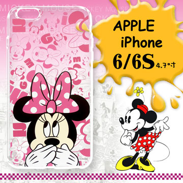 迪士尼授權正版 iPhone 6 i6 / 6S i6S 4.7吋 大頭背景系列透明軟式手機殼(摀嘴米妮)