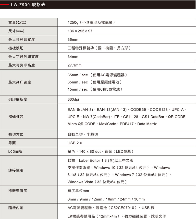 LW-Z900 規格表重量(公克)尺寸(mm)1250g(不含電池及標籤帶最大可列印寬度樣板模切1362959736mm三種特殊標籤帶(圓、橢圓、長方形)最大字體列印寬度最大可列印高度最大列印速度34mm27.1mm35mm / sec(使用AC電源變壓器)35mm / sec(使用原廠電池)15mm / sec(使用63號電池)列印解析度360dpi條碼種類裁切方式界面LCD面板連接電腦EAN-8(JAN-8)、EAN-13(JAN-13)、CODE39、CODE128、UPC-A、UPC-E、NW-7(CodaBar)、ITF、GS1-128、GS1 DataBar、QR CODEMicro QR CODE、MaxiCode、PDF417、Data Matrix自動全切、半裁切USB 2.0單色、140 x 80 dot、背光(LED螢幕)軟體:Label Editor 1.8 (含)以上中文版支援作業系統:Windows 10 (32位元/64位元)、Windows8.1/8(32 位元/64 位元)、Windows7(32位元/64 位元)、Windows Vista(32位元/64位元)標籤帶寬度寬度單位mm隨機內附6mm / 9mm / 12mm/18mm/24mm / 36mmAC電源變壓器、鋰電池(C52CE97010)、USB 線LK標籤帶試用品(12mmx4m)、強力磁鐵裝置、說明文件