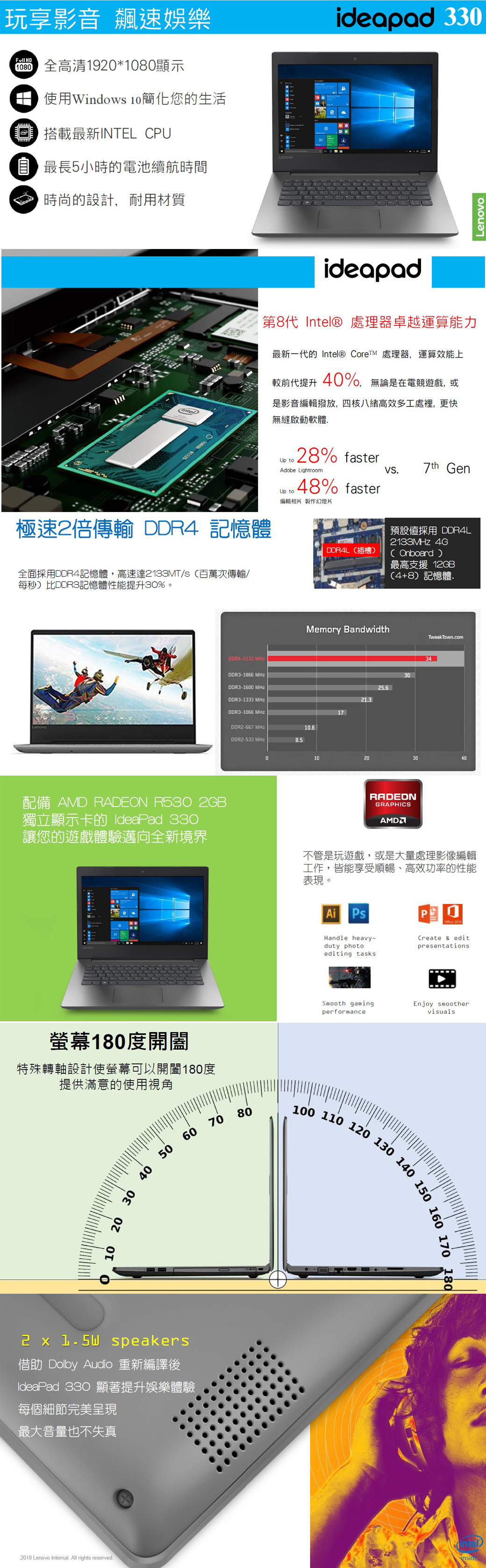 Lenovo IdeaPad 330 14吋八代i5四核心雙獨顯筆電(i5-8250U/4G/1TB+128G