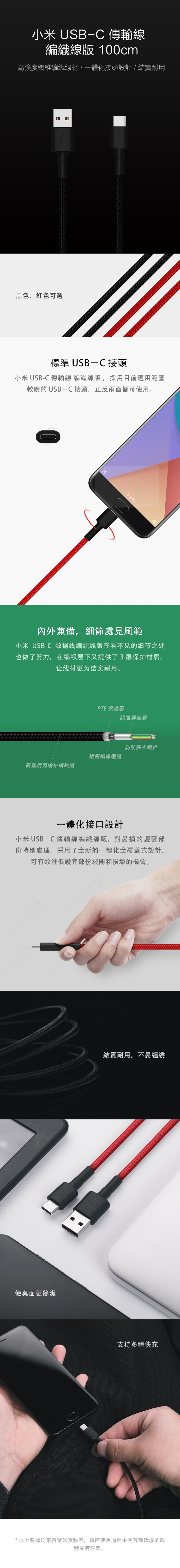 小米 USB-C 傳輸線編織線版 10cm高強度纖維編織線材/一體化接頭設計/結實耐用0黑色、紅色可選標準 USB-C接頭小米 USB-C 傳輸線 編織線版,採用目前適用範圍較廣的 USB-C 接頭,正反兩面皆可使用。上劃解鎖內外兼備,細節處見風範小米USB-C 数据线编织线版在看不见的细节之处也做了努力,在编织层下又提供了3层保护材质,让线材更为结实耐用。PTE 保護層錫箔屏蔽層防防彈衣纖維鍍錫銅保護層高強度丙綸紗編織層一體化接口設計小米 USB-C 傳輸線編織線版,對易損的護套部份特別處理,採用了全新的一體化全覆蓋式設計,可有效減低護套部份裂開和損壞的機會。使桌面更簡潔結實耐用,不易纏繞支持多種快充*以上數據均來自紫米實驗室,實際使用過程中因客觀環境的改變或有誤差。