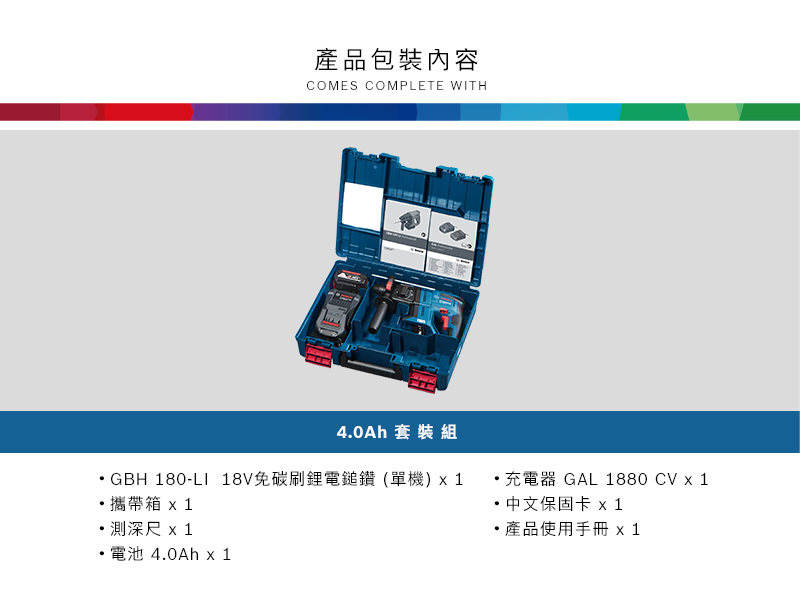 產品包裝內容COMES COMPLETE WITH4.0Ah 套裝組GBH 180-LI 18V免碳刷鋰電鎚鑽(單機)1攜帶箱 測深尺  1電池 4.0Ah x1充電器 GAL 1880 CV x 1 中文保固卡 x 1產品使用手冊 x 1