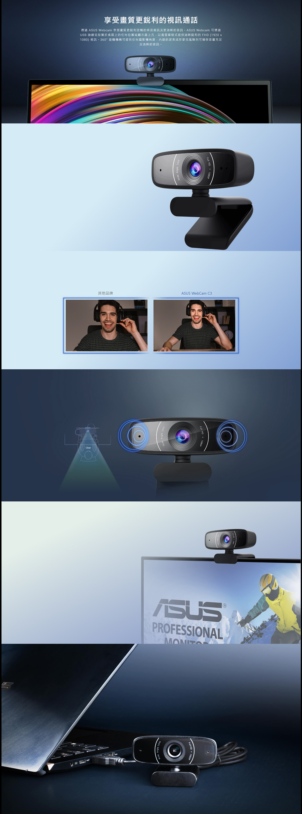 ɨeUQTqܳzL  Webcam ɨeUQyZyTΧ󪺭TCASUS Webcam izLUSB suémୱWmܾWHeù榡ѲMUQ FHD (1920 x1080) TC360ciѥv,تiγJ}CiTOqRBMTCClearL~PASUS WebCam C3ASUSPROFESSIONAL