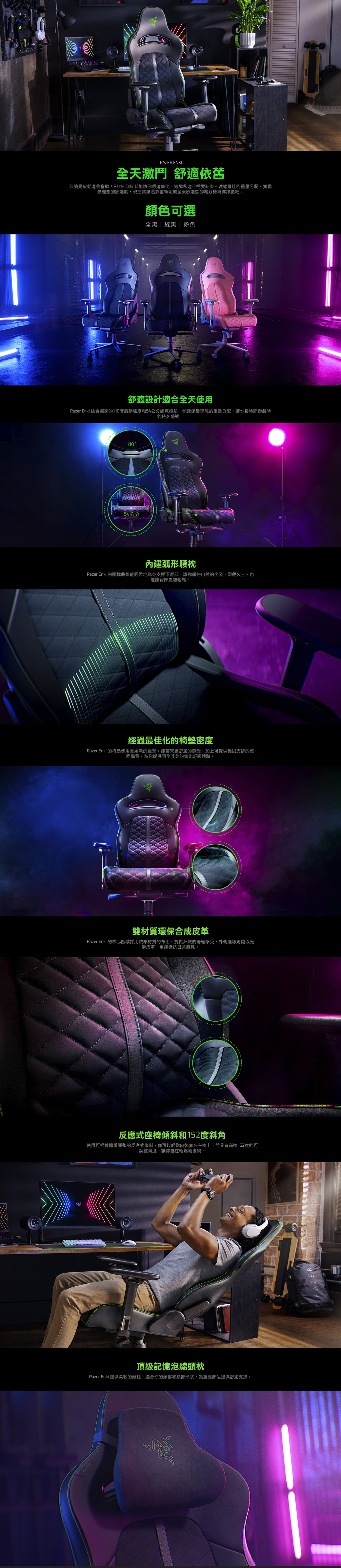 RAZERRAZER ENKI全天激鬥 舒適依舊無論是放鬆還是奮戰Razer Enki 都能讓你舒適無比,遊戲永遠不需要結束。透過最佳的重量分配,實現最理想的舒適度,現在就讓這款重新定義全天舒適感的電競椅你撑腰吧。顏色可選全黑 綠黑 粉色舒適設計適合全天使用Razer Enki 結合獨家的110度肩膀弧度和54公分超寬椅墊,能確保最理想的重量分配,讓你長時間遊戲時能持久舒適。11054公分內建弧形腰枕Razer Enki 的腰枕曲線能輕柔地為你支撐下背部,讓你保持自然的坐姿,即便久坐,也能讓背部更加輕鬆。經過最佳化的椅墊密度Razer Enki 的椅墊使用更柔軟的坐墊,能帶來更舒適的感受,加上可提供穩固支撐的堅固靠背,為你提供兩全其美的無比舒適體驗。雙材質環保合成皮革Razer Enki 的核心區域採用絨布材質的布面,提供細緻的舒適感受,外側邊緣則襯以光滑皮革,更能抵抗日常磨耗。反應式座椅傾斜和152度斜角使用可根據體重調整的反應式機制,你可以輕鬆向後靠在座椅上,並具有高達152度的可調整斜度,讓你自在輕鬆地後躺。頂級記憶泡綿頭枕Razer Enki 提供柔軟的頭枕,適合你的頭部和頸部形狀,為重要部位提供舒適支撐。N