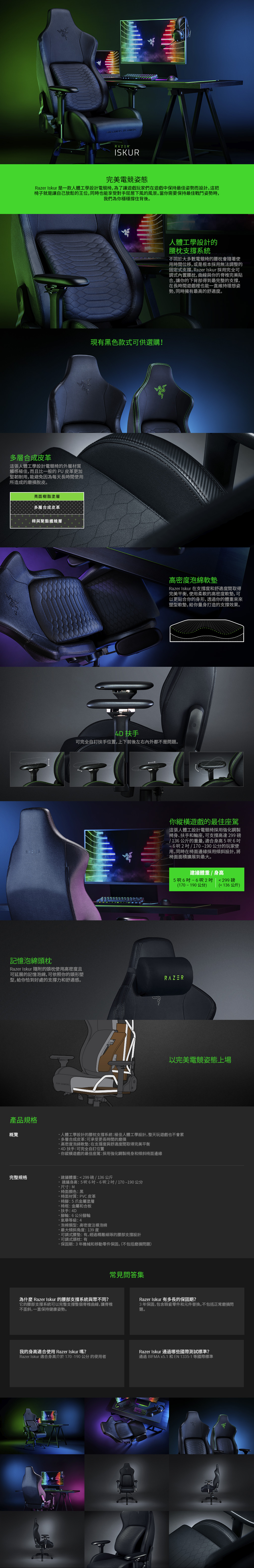 BY ISKUR完美電競姿態Razer Iskur 是一款人體工學設計電競為了讓遊戲玩家們在遊戲中保持最佳姿勢而設計。這把子就是讓自己放鬆的王位,同時也能享受對手屈居下風的風景。當你需要保持最佳戰鬥姿勢時,我們為你穩穩撐住背後。多層合成皮革這張人體工學設計電競椅的外層材質觸感極佳,而且比一般的PU皮革更加堅韌耐用,能避免因為每天長時間使用所造成的磨損脫皮。亮面樹脂塗層多層合成皮革棉與聚酯纖維層現有黑色款式可供選購!人體工學設計的腰系統不同於大多數電競椅的腰枕會隨著使用時間位移,或是根本採用無法調整的固定式支撐,Razer Iskur 採用完全可調式內置腰枕, 曲線與你的脊椎完美貼合,讓你的下背部得到最完整的支撑,在長時間遊戲裡也能一直維持理想姿勢,同時擁有最高的舒適度。高密度泡綿軟墊Razer Iskur 在支撐度和舒適度間取得完美平衡,使用柔軟的高密度軟墊,可以更貼合你的身形,透過你的體重來來塑型軟墊,給你量身打造的支撐效果。4D 扶手可完全自訂扶手位置,上下前後左右內外都不是問題。RAZER你縱橫遊戲的最佳座駕這張人體工設計電競椅採用強化鋼製椅身扶手和輪座,可支撐高達299 磅/136公斤的重量,適合身高5呎6呎2吋/170-190公分的玩家使用。同時在椅面邊緣採用傾斜設計,將椅面面積擴展到最大。記憶泡綿頭枕Razer Iskur 隨附的頭枕使用高密度且可延展的記憶泡綿,可依照你的頭形塑型,給你恰到好處的支撐力和舒適感。FOR GAMERS建議體重/身高5呎6吋-6呎2吋(170-190公分)299磅(136公斤)RAZER以完美電競姿態上場產品規格概覽人體工學設計的腰枕支撐系統:極佳人體工學設計,整天玩遊戲也不會累多層合成皮革:可承受更長時間的磨損高密度泡綿軟墊:在支撐度與舒適度間取得完美平衡4D 扶手:可完全自訂位置你縱橫遊戲的最佳座駕:採用強化鋼製椅身和傾斜椅面邊緣完整規格 建議體重:  299 磅 / 136 公斤建議身高:5呎6吋-6呎2吋/170-190 公分尺寸:M椅面顏色:黑椅面材質:PVC皮革椅腳:5爪金屬塗層椅框:金屬和合板扶手:4D腳輪:6公分腳輪氣等級:4·泡棉類型:高密度注模泡棉·最大傾斜角度:139度可調式腰墊:有,經過精雕細琢的腰部支撐設計可調式頭枕:有·保固期:3年機械和移動零件保固。(不包括磨損問題)常見問答集為什麼 Razer Iskur 的腰部支撐系統與眾不同?它的腰部支撐系統可以完整支撐整個脊椎曲線,讓脊椎不歪斜,一直保持健康姿勢。Razer Iskur 有多長的保固期?3年保固,包含瑕疵零件和元件替換。不包括正常磨損問題。我的身高適合使用 Razer Iskur嗎?Razer Iskur 適合身高介於170-190 公分 的使用者Razer Iskur 通過哪些國際測試標準?通過 BIFMA x5.1 和EN 1335-1 等國際標準