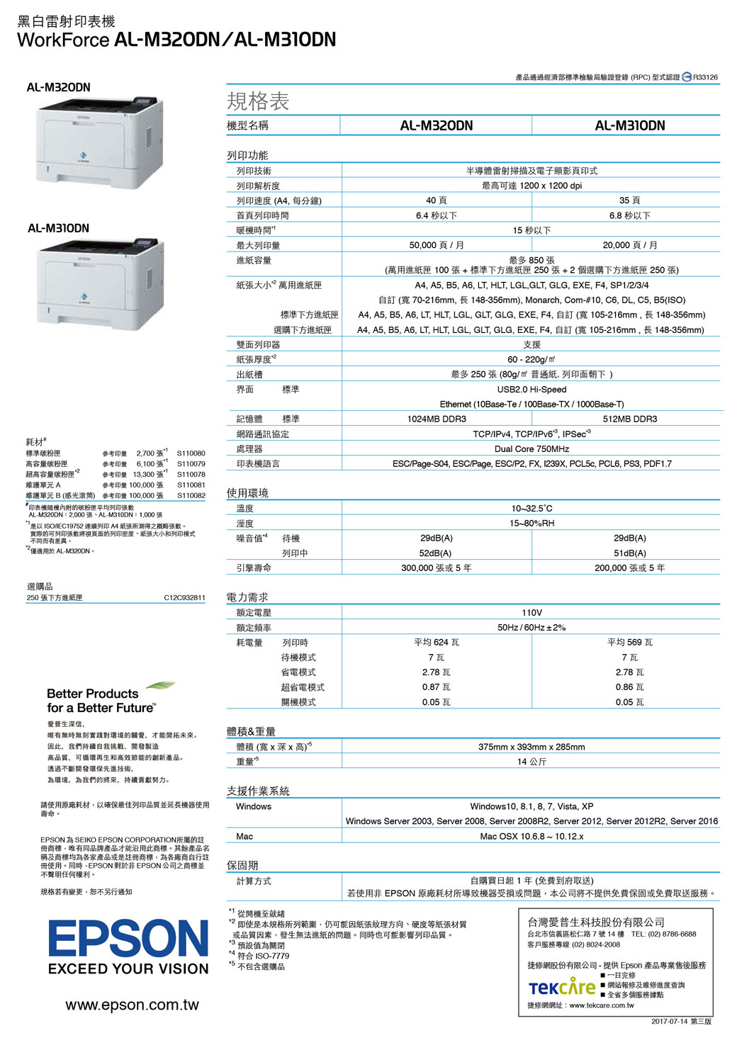 黑白雷射印表機WorkForce L-M30DNAL-M310DNAL-M320DN規格表機型名稱AL-M320DN列印功能列印技術列印解析度產品通過經濟部標準檢驗局驗證登錄(RPC 型式認證R33126半導體雷射掃描及電子顯影頁式AL-M310DN最高可達1200 x 1200 dpi列印速度 (A4 每分鐘40頁35頁首頁列印時間64 秒以下6.8 秒以下暖機時間15 秒以下50000頁/月20000頁/月最多 850 張AL-M310DN最大列印量進容量張大小萬用進紙匣標準下方進紙匣選購下方進紙匣雙面列印器(萬用進紙匣 100 張+標準下方進紙匣250張+2個選購下方進紙匣 250 張)A4, A5, B5, A6, LT, HLT, LGL,GLT, GLG, EXE, F4, SP1/2/3/4訂 (70-216mm,長148-356mm), Monarch, Com-#10, C6, DL, C5, B5(ISO)A4, A5, B5, A6, LT, HLT, LGL, GLT, GLG, EXE, F4,自訂(105-216mm,長148-356mm)A4, A5, B5, A6, LT, HLT, LGL, GLT, GLG, EXE, F4, 自訂(寬105-216mm,長148-356mm)支援紙張厚度60 - 220g/出紙槽界面標準記憶體標準1024MB DDR3協定耗材標準碳粉匣參考印量 2,700張” S110080處理器高容量碳粉匣超高容量碳粉匣參考印量 張參考印量 13,300張S110079印表機語言最多 250 張 (80g/ 普通,列印面朝下)USB2.0 Hi-SpeedEthemet (10Base-Te/100Base-TX/1000Base-T)TCP/IPV4. TCP/ IPSec3Dual Core 750MHz512MB DDR3ESC/Page-S04, ESC/Page, ESC/P2, FX, I239X, PCL5c, PCL6, PS3, PDF1.7S110078維護單元A參考印量 100,000張S110081維護單元B(感光滾筒) 參考印量 100,000張S110082使用環境印表機的碳粉匣平均列印張數溫度AL-M320DN2,000張、AL-M310DN:1,000張ISO/IEC19752 連續列印 A4 紙張所測得之概略張數實際的可列印張數將視頁面的列印密度、紙張大小和列印模式不同而有差異噪音值 待機溼度10~32.5°C15~80%RH2僅適用於 AL-M320DN列印中引擎壽命29dB(A)52dB(A)300,000張或5年29dB(A)51dB(A)200,000張或5年選購品250張下方進紙匣C12C932811電力需求額定電壓額定頻率耗電量110V50Hz/60Hz±2%列印時平均 624 瓦平均 569瓦待機模式省電模式7瓦7瓦2.78瓦2.78瓦Better Productsfor a Better Future爱普生深信,超省電模式關機模式0.87瓦0.86瓦0.05瓦0.05瓦唯有無時無刻實踐對環境的關愛,才能未来。體積&重量因此,我們持續自我挑戰,開發製造高品質、可循環再生和高效節能的創新產品。體積 (寬x深x 高)。重量375mmx393mmx285mm14 公斤透過不斷開發環保先進技術,環境,為我們的將來,持續努力。支援作業系統請使用原廠耗材,以確保最佳列印品質並延長機器使用壽命。WindowsMacWindows10, 8.1, 8, 7, Vista, XPWindows Server 2003, Server 2008, Server 2008R2, Server 2012, Server 2012R2, Server 2016Mac OSX 10.6.8~10.12.xEPSON為SEIKO EPSON CORPORATION所屬的註冊商標。唯有同品牌產品才能沿用此商標。其餘產品名稱及商標均為各家產品或是註冊商標,為各廠商自行註冊使用。同時,EPSON 對於非 EPSON 公司之商標並不聲明任何權利。規格若有變更,恕不另行通知EPSONEXCEED YOUR VISIONwww.epson.com.tw保固期計算方式 從開機至就緒自購買日起1年 (免費到府取送)若使用非 EPSON 原廠耗材所導致機器受損或問題,本公司將不提供免費保固或免費取送服務。即使是本規格所列範圍,仍可能因紙張紋理方向、硬度等紙張材質或品質因素,發生無法進紙的問題。同時也可能影響列印品質。*3 預設值為關閉*4 符合 ISO-7779*5 不包含選購品台灣愛普生科技股份有限公司台北市信義區松仁路7號14樓 TEL:(02)8786-6688客戶服務專線(02) 8024-2008捷網股份有限公司-提供Epson 產品專業售後服務 修:■ 網站報修及維修進度查詢■全省多個服務據點捷修網網址:www.tekcare.com.tw2017-07-14 第三版