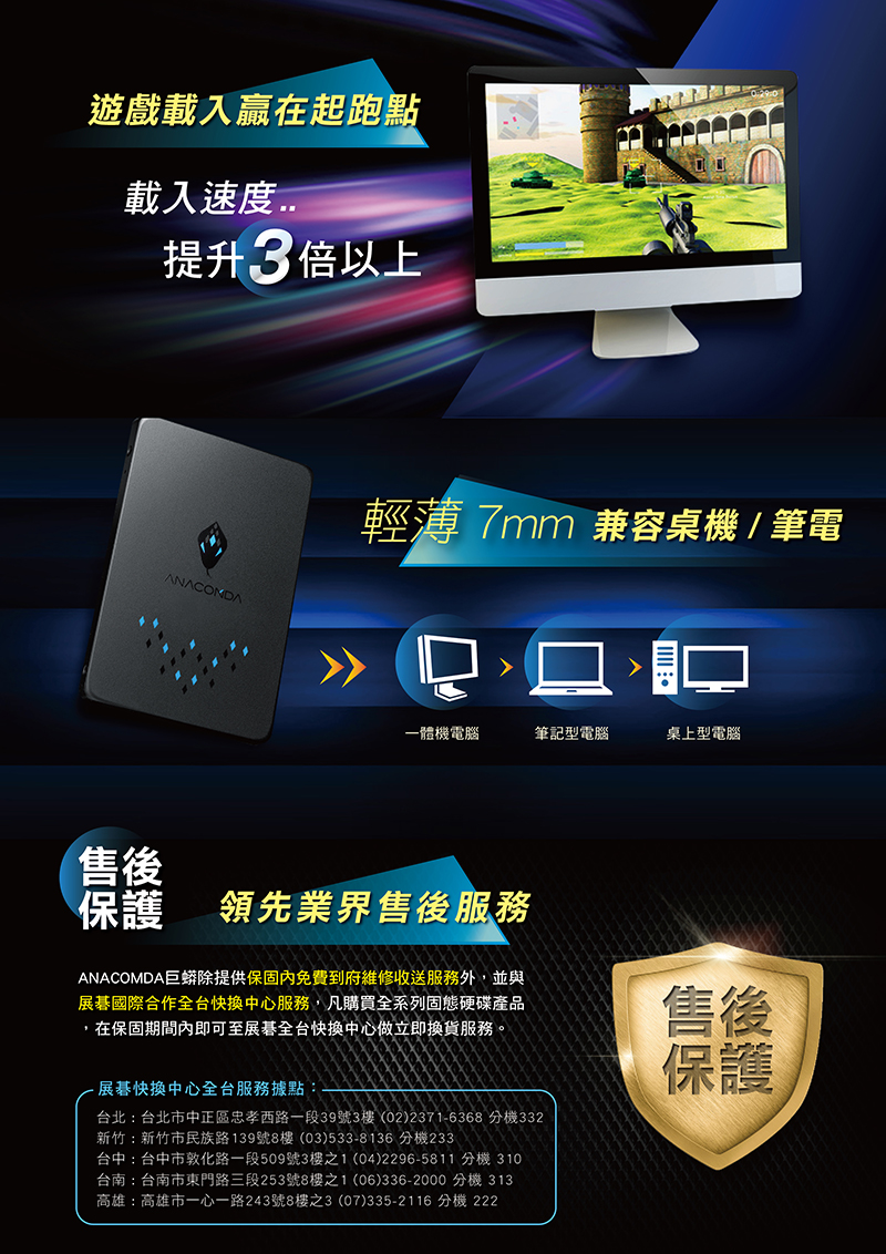 遊戲載入贏在起跑點載入速度提升3倍以上ANACONDA輕薄7mm 兼容桌機/筆電一體機電腦筆記型電腦桌上型電腦售後保護領先業界售後服務ANACOMDA巨蟒除提供保固免費到府維修收送服務外,並與展國際合作全台快中心服務,凡購買全系列固態硬碟產品,在保固期間內即可至展碁全台快換中心做立即換貨服務。展碁快換中心全台服務據點台北:台北市中正區忠孝西路一段39號3樓(02)2371-6368 分機332新竹:新竹市民族路139號8樓(03)533-8136 分機233台中:台中市敦化路一段509號3樓之1(04)2296-5811 分機 310台南:台南市東門路三段253號8樓之1(06)336-2000 分機 313高雄:高雄市一心一路243號8樓之3(07)335-2116 分機 222售後保護