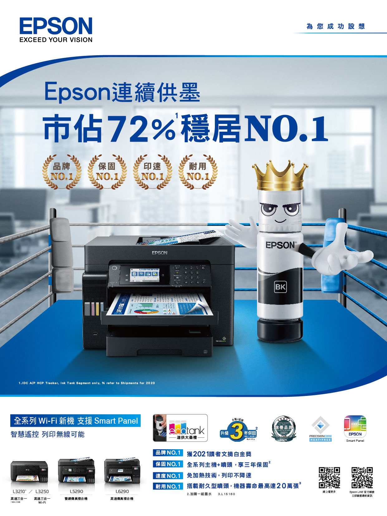 EPSONEXCEED YOUR VISION為您成功設想Epson連續供市佔7穩居NO1品牌保固印速耐用NO1NO.1NO.1NO.1.1.IDC AP HCP Tracker Ink Tank Segment only. % refer to Shipments for 2020EPSONEPSON 2BK全系列 WiFi 新機 支援 Smart Panel智慧遙控 列印無線可能升級-連供大墨-3年保固EPSONPRECISIONCOREHEATFREESmart Panel品牌NO.1 獲2021文摘金獎保固 NO.1 全系列主機+噴頭,享三年保固2速度NO.1 免加熱技術,列印不降速耐用NO.1/L3250高速三合一 高速三合一L5290雙網傳真複合機L6290搭載耐久型噴頭,機器壽命最高達20萬張2. 加購一組墨水 3.L 15 16 0線上看更多Epson LINE 官方帳號立即掌握最新資訊高速傳真複合機Wi-Fi