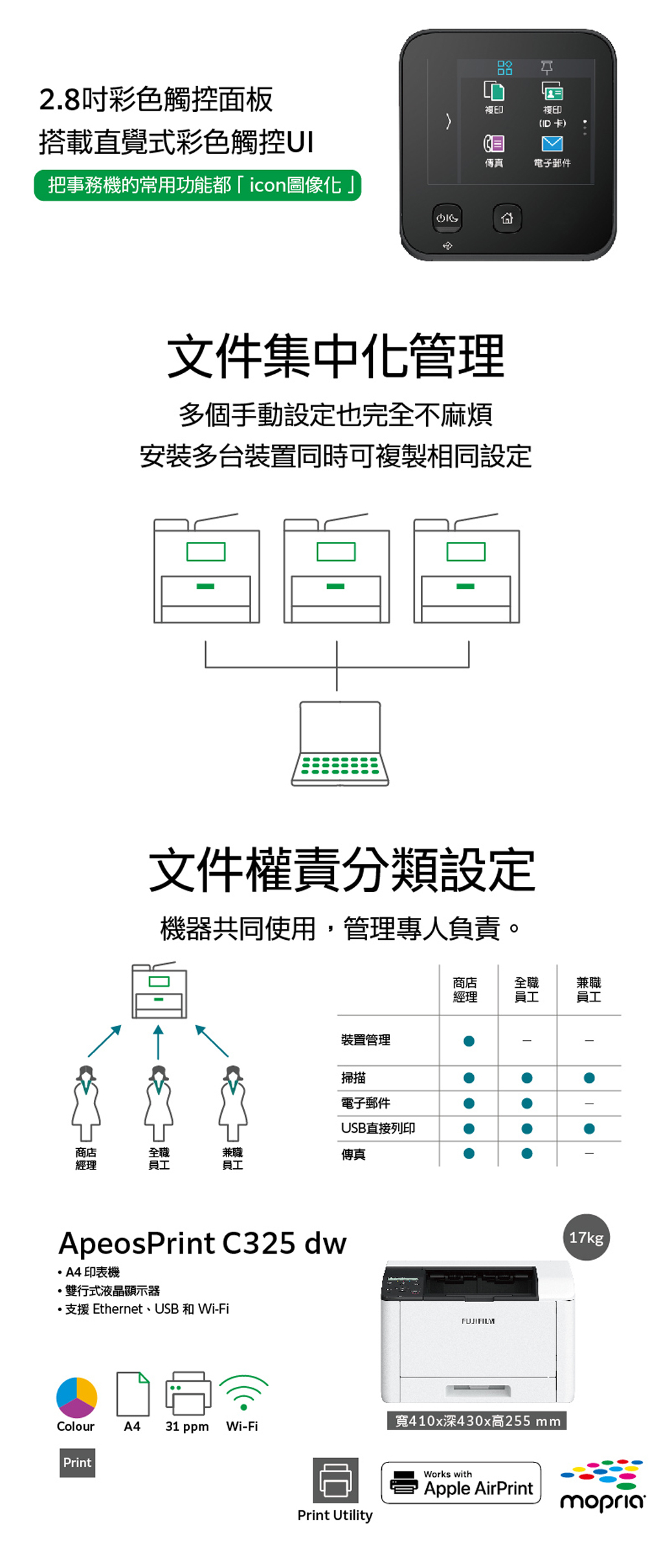 28吋彩色觸控面板搭載直覺式彩色觸控UI把事務機的常用功能都icon圖像化」複印複印(ID卡)傳真電子郵件文件集中化管理多個手動設定也完全不麻煩安裝多台裝置同時可複製相同設定文件權責分類設定機器共同使用,管理專人負責。裝置管理掃描電子郵件USB直接列印商店全職兼職傳真經理員工員工ApeosPrint C325 dwA4 印表機雙行式液晶顯示器支援 Ethernet、USB 和 Wi-Fi商店經理全職員工兼職員工FUJIFILM寬410x深430x高255 mmColourA431 ppmWi-FiPrintPrint UtilityWorks withApple AirPrint.17kg