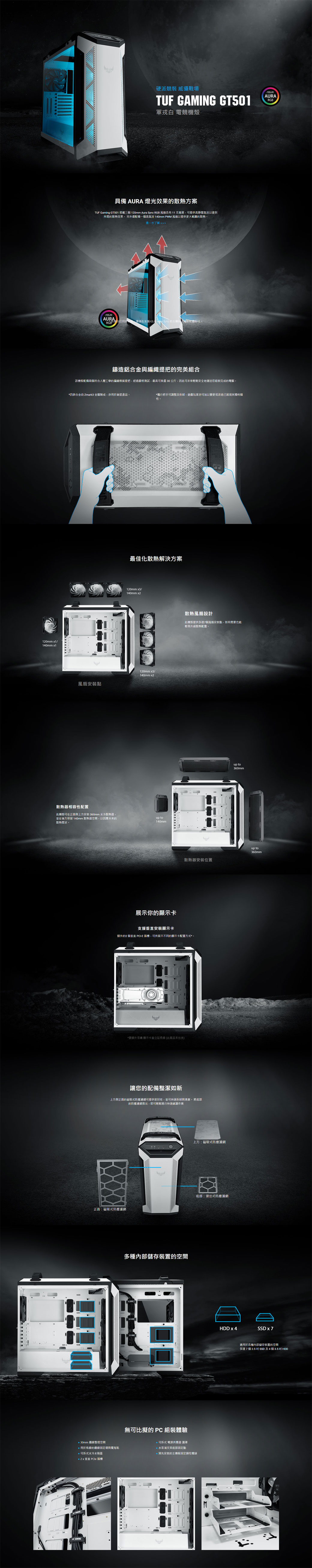 120mm 1/140mm 1硬派裝 威攝戰場  GT501白 電競機殼AURARGB具備 AURA 燈光效果的散熱方案TUF Gaming GT501 搭載三個 120mm Aura  RGB 各有11支可提供高靜壓以達到所需的散熱效果另外還配備一個高氣流 140mm PWM 以提供更大範圍的散熱進一步了解 RGBAURA T僅須在支 Sync 的即可鑄造鋁合金與編織提把的完美組合該機殼配備兩個符合人體工學的編織棉質提把經過嚴格測試,最高可負重 30 公斤,因此可非常輕鬆安全地運送您組裝完成的電腦。四鋅合金由 Zmark3 金屬製成,亦衛星產品。行把手可調整及拆卸,遊戲玩家亦可加以變更或改造已展現其獨特個性。最佳化散熱解決方案120mm x3/140mm x2120mmx3/140mm x2風扇點散熱器相容性配置此機殼可在正面與上方安裝360mm 水冷散熱器,並在後方保留 140mm 散熱器空間,以因應未來的散熱需求。up to140mm展示你的顯示卡散熱風扇設計此機殼提供多達7個風安裝點,如有需要也能輕易升級散熱配置。散熱器安裝位置支援安裝顯示卡額外的2 個垂直 PCIE插槽,可供展示不同的顯示卡配置方式***要額外添購 顯示卡直立延長線(此展品未包含)讓您的配備整潔如新上方與正面的磁吸式可提供密封性,並可快速拆卸與清潔。 底部的防塵濾網推出,即可輕鬆進行快速維護作業UF GAMING上方:磁吸式防塵濾網底部:滑出式防塵濾網正面:磁吸式防塵濾網 線整理空間*用於佈線的線固定環與魔鬼粘*式水冷水箱蓋垂直插槽多種內部儲存裝置的空間無可比擬的 PC 組裝體驗-式電源供應器 護罩水泵浦支架底部固定點安裝的主機板固定銅柱螺絲up to360mmup to360mmHDD x 4SSD x 7適用於各種內部儲存裝置的空間多達7個 2.5  SSD及4個3.5HDD
