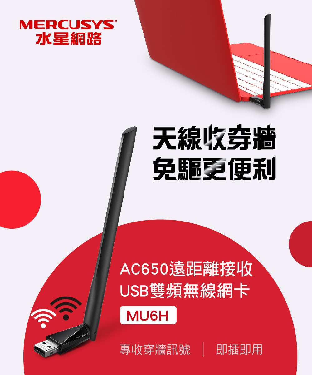 MERCUSYS®水星網路天線收穿牆免驅便利AC650遠距離接收USB雙頻無線網卡MU6H專收穿牆訊號  即插即用