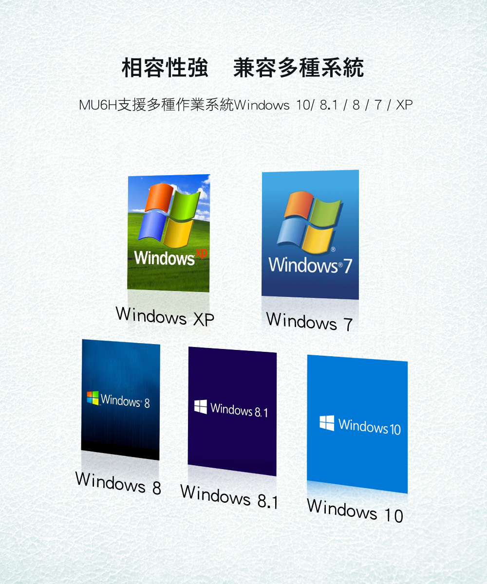 相容性 兼容多種系統MU6H支援多種作業系統Windows 10/ 8.1 / 8 / 7 / XPWindowsWindows® 7Windows XPWindows 7Windows 8Windows 8.1Windows 10Windows 8 Windows 8.1Windows 10