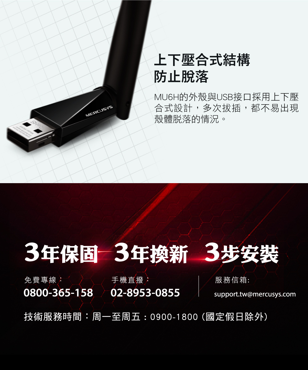 MERCUSYS上下壓合式結構防止脫落MU6H的外殼與USB接口採用上下壓合式設計,多次拔插,都不易出現殼體脫落的情況。3年保固 3年換新 3步安裝免費專線:手機直撥:服務信箱:0800-365-15802-8953-0855support.tw@mercusys.com技術服務時間:周一至周五: 0900-1800(國定假日除外)