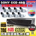 【CHICHIAU】8路H.264 960H高畫質遠端監控套組(含SONY CCD 700條高解析紅外線夜視攝影鏡頭x8)