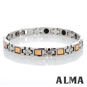 【ALMA】富貴金箔.十字鋯鑽白鋼手鍊