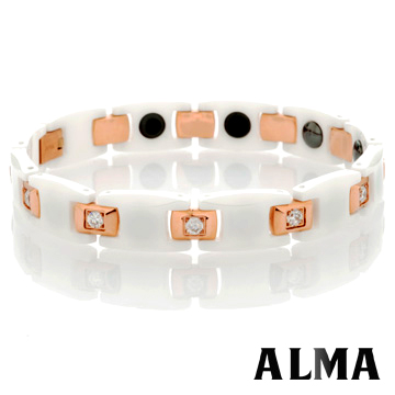 【ALMA】珍愛情緣.鋯鑽玫瑰金白陶瓷手鍊