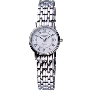 LONGINES Presence 經典羅馬鋼帶機械女錶-銀/25.5mm (L43214116)
