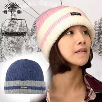 SNOW TRAVEL 台灣製造 純羊毛線條保暖透氣反摺帽_深藍AR-18