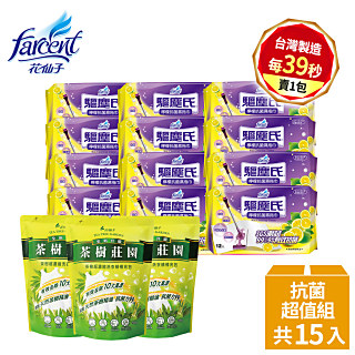 【驅塵氏抗菌超值組】抗菌濕拖巾-檸檬潔淨配方12包/箱購+茶樹莊園-茶樹超濃縮洗衣精補充包1500gx3