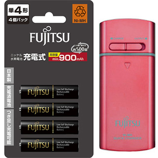 日本富士通高容量4號4入低自放充電電池-HR-4UTHC(4B)+FUJITSU富士通 USB充電器FSC322FX-P(粉)