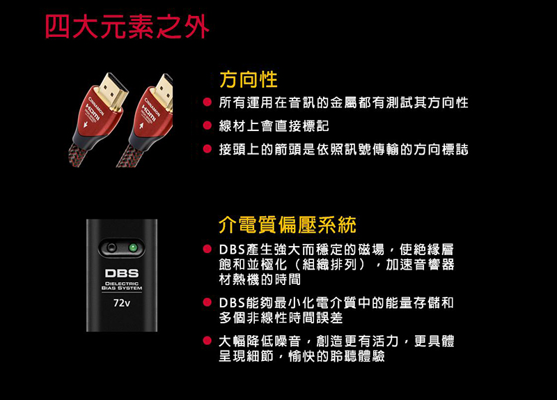 四大元素之外方向性所有運用在音訊的金屬都有測試其方向性線材上會直接標記接頭上的箭頭是依照訊號傳輸的方向標誌DBS SYSTEM72v介電質偏壓系統 DBS產生強大而穩定的磁場使絕緣層飽和並極化(組織排列)加速音響器材熱機的時間DBS能夠最小化電介質中的能量存儲和多個非線性時間誤差大幅降低噪音,創造更有活力,更具體呈現細節,愉快的聆聽體驗