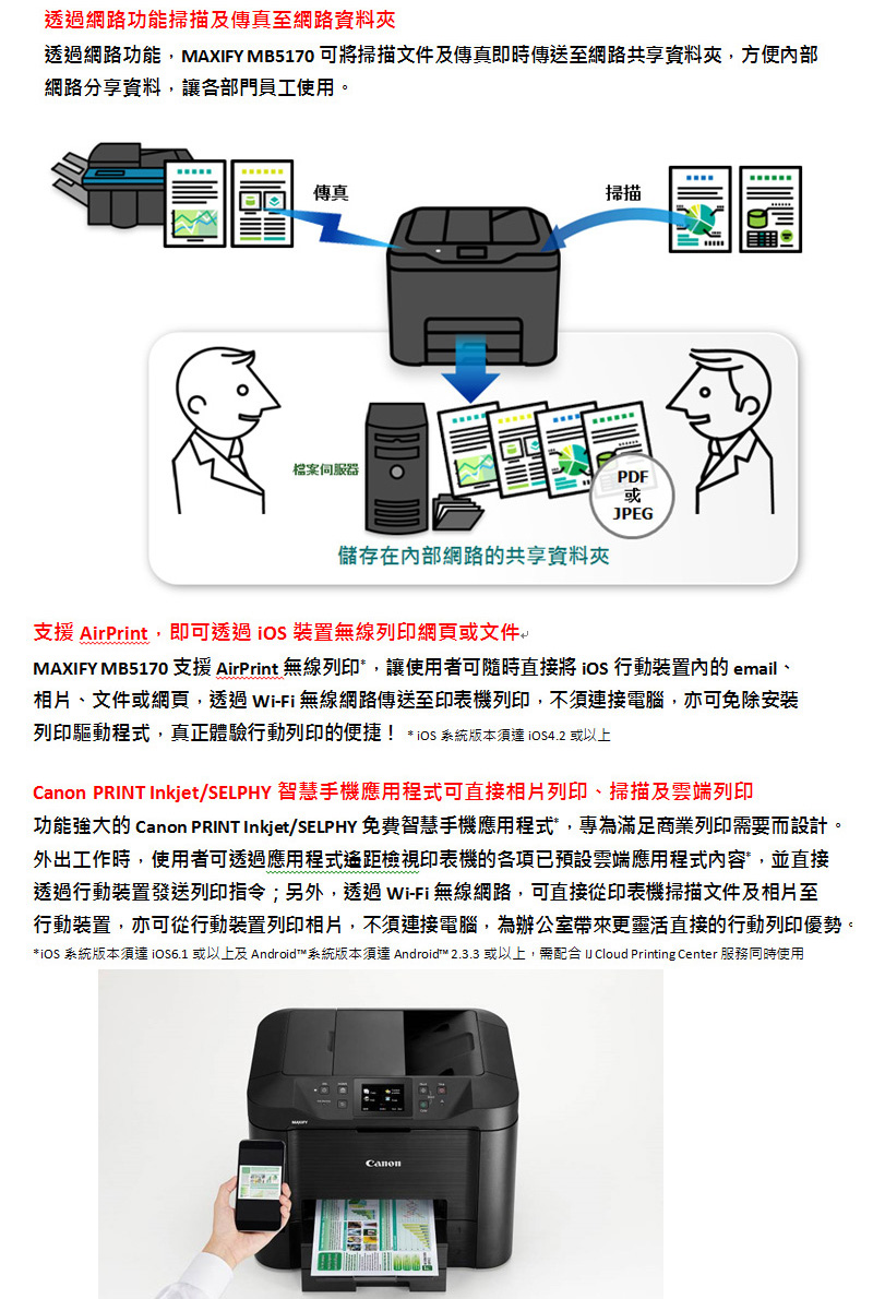 網路功能網路資料網路功能MAXIFY MB5170 掃描文件及傳真至網路共享資料夾網路分享資料讓各部門員工使用傳真掃描檔案伺服器PDF或PEG儲存在內部網路的共享資料夾支援 AirPrint即透過  線列印或文件MAXIFY MB5170 支援 AirPrint 無線列印讓使用者可隨  內的 email相片、文件或透過 -無绵路傳送至印表機列印不須電腦,亦可免除安装列印驅動,真正體驗列印的便捷! *  系統版本須達 或以上 PRINT Inkjet/SELPHY 智慧手機應用可直接相片列印、掃描及列印功能强大的 Canon PRINT Inkjet/SELPHY 免費智慧手機應用程式,專滿足商業列印需要而設計。外出工作時,使用者可透過應用程式距檢視印表機的各項已預設應用程式內容,並直接透過行動裝置發送列印;另外,透過 -Fi 無線網路,可直接印表機掃描文件及相片至行動裝置,亦可從行動列印相片,不須連接電腦,為辦公室帶來更直接的行動列印優勢。*iOS 系統版本須達  或以上及 Android系統版本須達 Android™ 2.3.3 或以上,需配合 J Cloud Printing Center 服務同時使用Canon