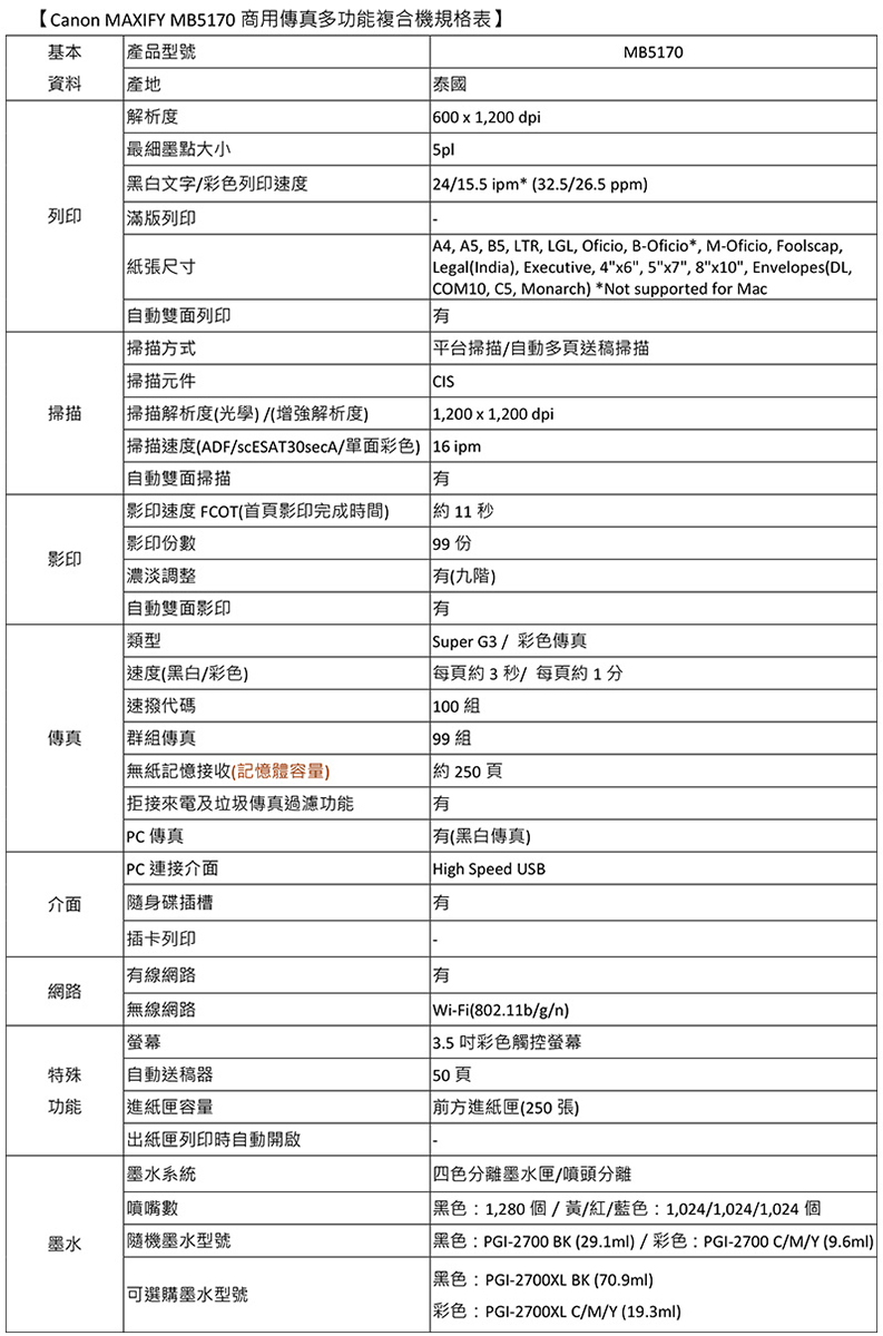 Canon MAXIFY MB5170 商用傳真多功能複合機規格表基本產品型號資料 列印 最細墨點大小 文字彩色列印速度 版列印 尺寸自動雙面列印 掃描方式 掃描元件掃描掃描解析度光學解析度] 泰國 600  1200 dpi5plMB517024/15.5 ipm* 32.5/26.5 ppm A4, A5, B5, LTR, LGL, Oficio, B-Oficio*, M-Oficio, Foolscap,LegalIndia, Eecutive, 4"x6", 5"x7", 8"x10", Envelopes(DL, COM10, C5, Monarch *Not supported for Mac平台掃描/自動多頁送稿掃描CIS 1,200 x 1,200 dpi掃描速度(ADF/scESAT30secA/單面彩色) 16pm自動雙面掃描有影印速度 FCOT(首頁影印完成時間)約 11 秒影印數  份影印濃淡調整自動雙面影印類型速度(/彩色) 代碼傳真 群組傳真無紙記憶接收(記憶體容量)拒接來電及垃圾傳真過濾功能 傳真PC 連接介面介面隨身碟插槽有(九)有Super G3/彩色傳真每頁約3秒/每頁約1分 100組99組約250頁有有(黑白傳真)High Speed USB有 列印 網路有網路 網路螢幕特殊 自動送稿器功能進紙匣容量 紙匣列印時自動開啟墨水系統墨水噴嘴數|墨水型號「可選購墨水型號Wi-Fi(802.11b/g/n)3.5吋彩色觸控螢幕50頁前方進紙匣(250 張)| 色分離墨水匣/噴頭分離黑色:1,280 個 /黃/紅/藍色:1,024/1,024/1,024 個黑色:PGI-2700 BK(29.1ml)/彩色:PGI-2700C/M/Y(9.6ml)黑色:PGI-2700XL BK (70.9ml)彩色:PGI-2700XL C/M/Y (19.3ml)