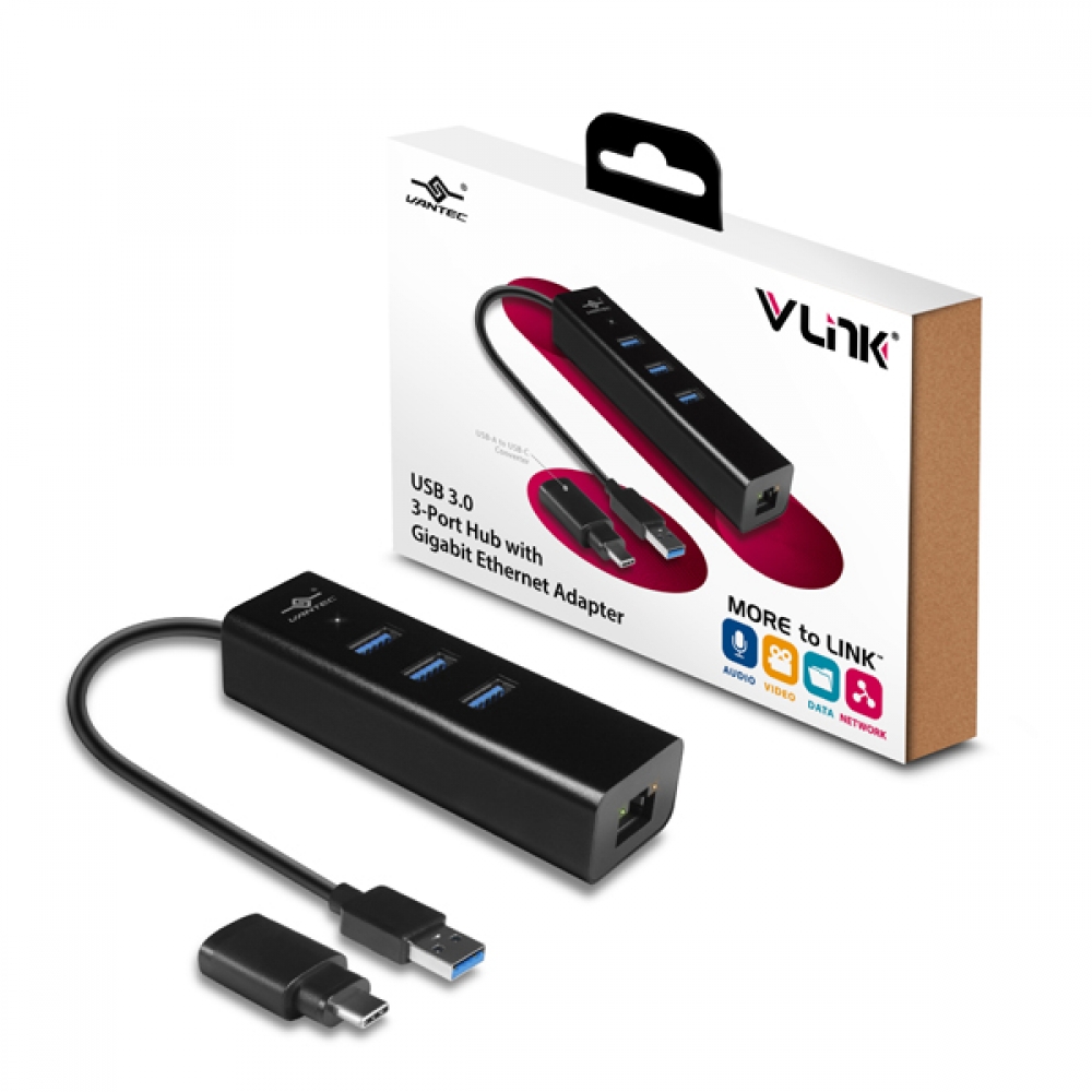 凡達克 VLink USB3.0 3埠 集線器 & 1埠 Gigabit 超高速網路卡 附TYPE-C轉接頭(UGT-AH340GNA)