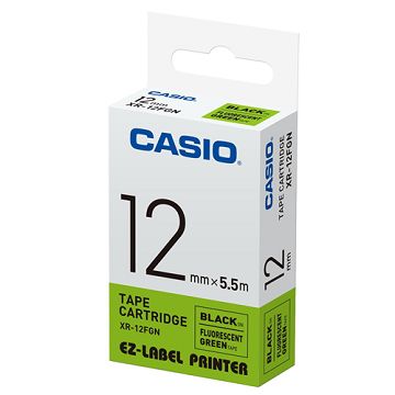 CASIO 標籤機專用特殊色帶-12mm【瑩光色材質】瑩光綠底黑字XR-12FGN(5.5公尺)