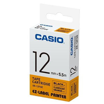 CASIO 標籤機專用特殊色帶-12mm【瑩光色材質】瑩光橘底黑字XR-12FOE(5.5公尺)