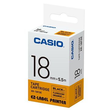 CASIO 標籤機專用特殊色帶-18mm【瑩光色材質】瑩光橘底黑字XR-18FOE(5.5公尺)