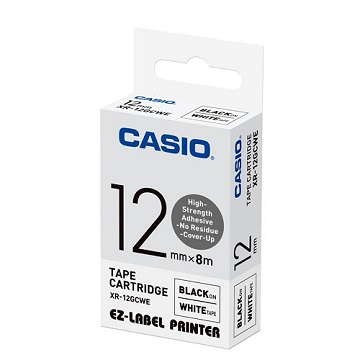 CASIO 標籤機專用特殊色帶-12mm【高黏性材質】白底黑字XR-12GCWE(5.5公尺)