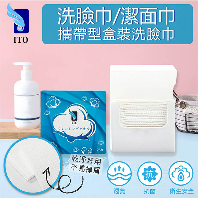 日本ITO盒裝洗臉巾 拋棄式乾紙巾 一次性毛巾 卸妝巾 親膚純棉 乾濕兩用(1盒/25片) 防疫商品/肺炎防疫/口罩隔離