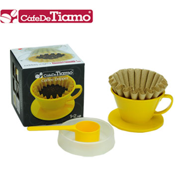 Tiamo K01 咖啡濾杯組附滴水盤量匙濾紙-黃色(HG5401)