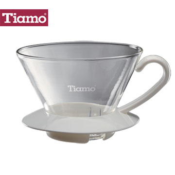 Tiamo K02玻璃咖啡濾杯附滴水盤量匙-白色(HG5286)