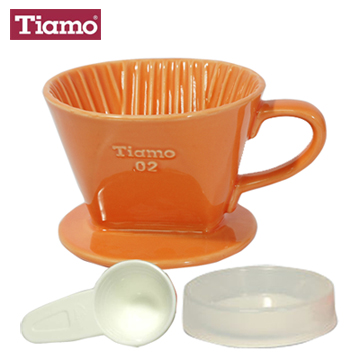 Tiamo 102陶瓷咖啡濾器組附滴水盤量匙(橘)(HG5045)