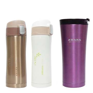 AWANA咖啡隨手杯500ml(紫)+ 附扣彈跳杯360ml(白+金色)