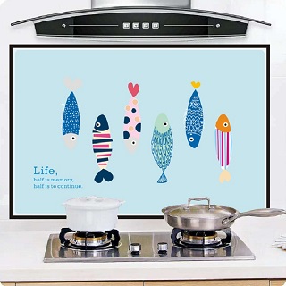 【益萊家居】耐高溫廚房 DIY 自黏防油防污壁貼 瓷磚牆貼 90x60cm◆繽紛多彩魚 ( 2 入 )