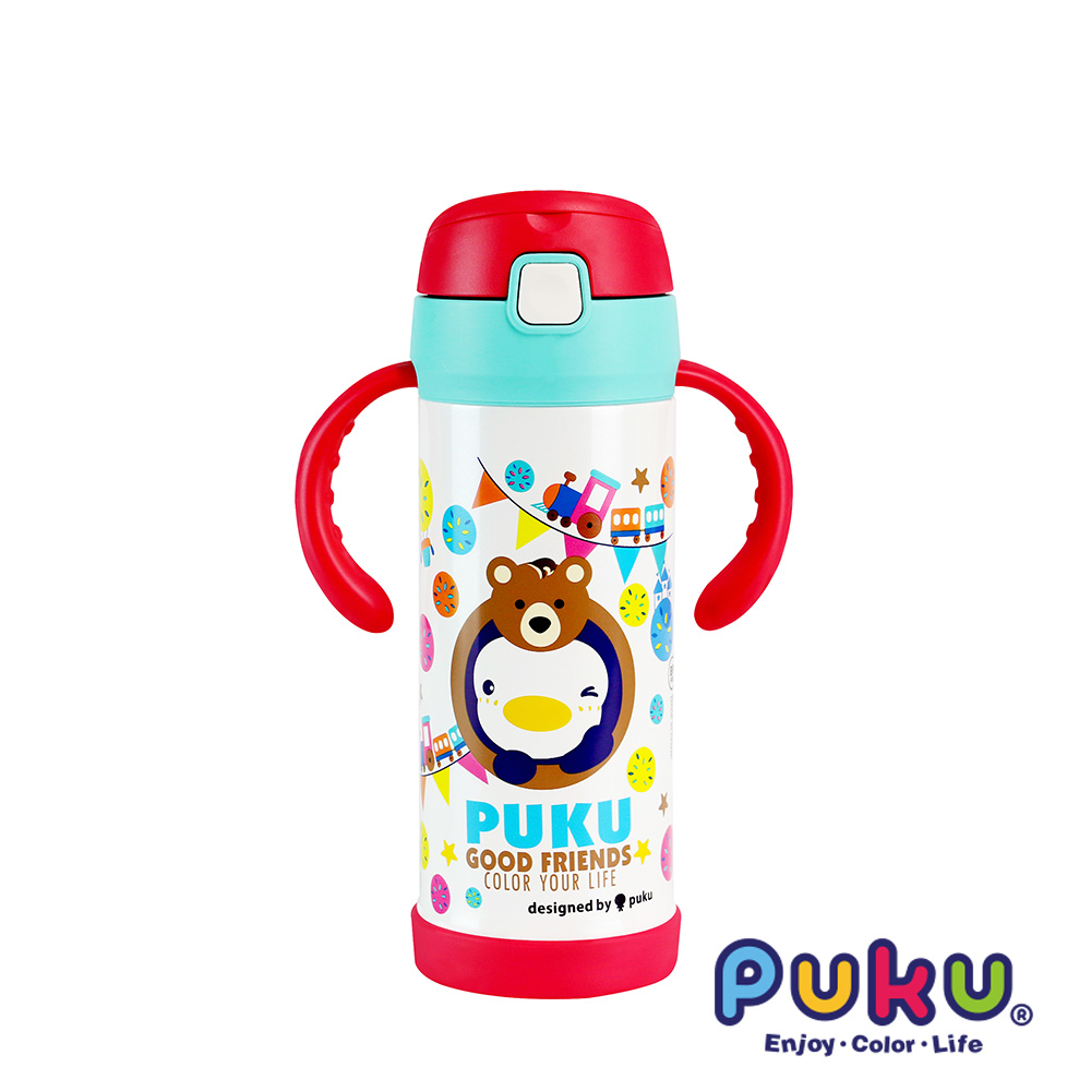 PUKU_藍色企鵝 不鏽鋼兩用吸管水瓶350ml_小熊白