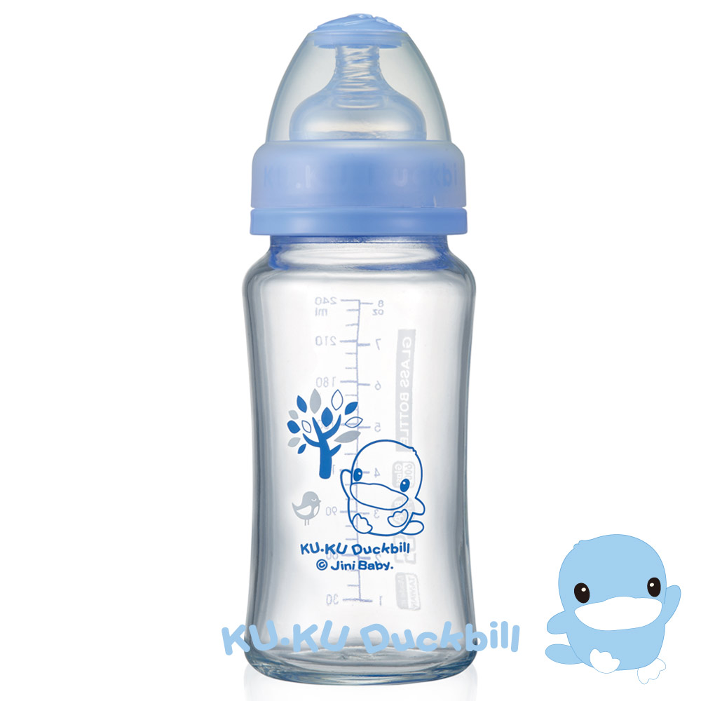 KU.KU酷咕鴨 晶亮加厚寬口玻璃奶瓶240ml(5849)
