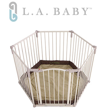 【L.A. Baby 加州貝比】多功能兒童安全自動上鎖圍欄(軟墊卡其色/咖啡色)